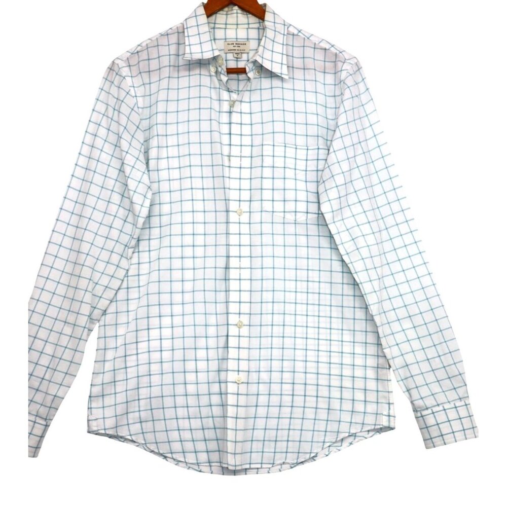 Club Monaco Mens Modern Slim Fit Checkered Dress Shirt White/Blue S Office Work